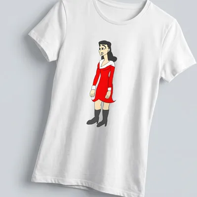 Cartoon print of Tillie The Toiler in a red dress with black and white details — printed on a women's shirt