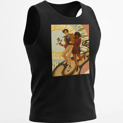 Vintage comic style t-shirt featuring time travelers with the text 'Stranded In' — printed on a tank top