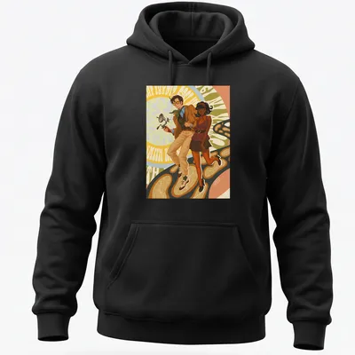 Vintage comic style t-shirt featuring time travelers with the text 'Stranded In' — printed on a unisex hoodie