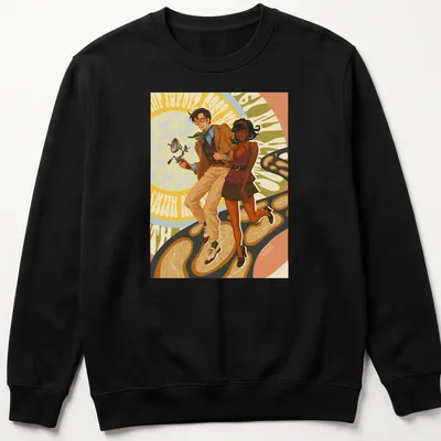 Vintage comic style t-shirt featuring time travelers with the text 'Stranded In' — printed on a unisex sweatshirt