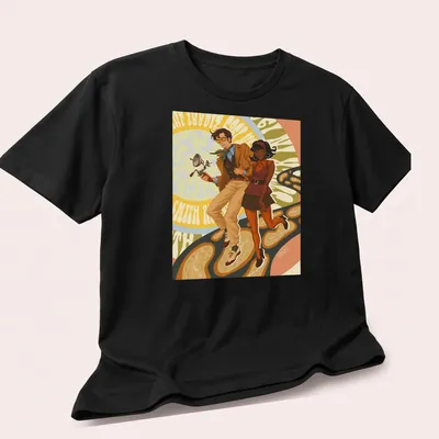 Vintage comic style t-shirt featuring time travelers with the text 'Stranded In' — printed on a unisex t-shirt (angled view)
