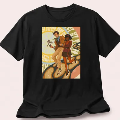 Vintage comic style t-shirt featuring time travelers with the text 'Stranded In'