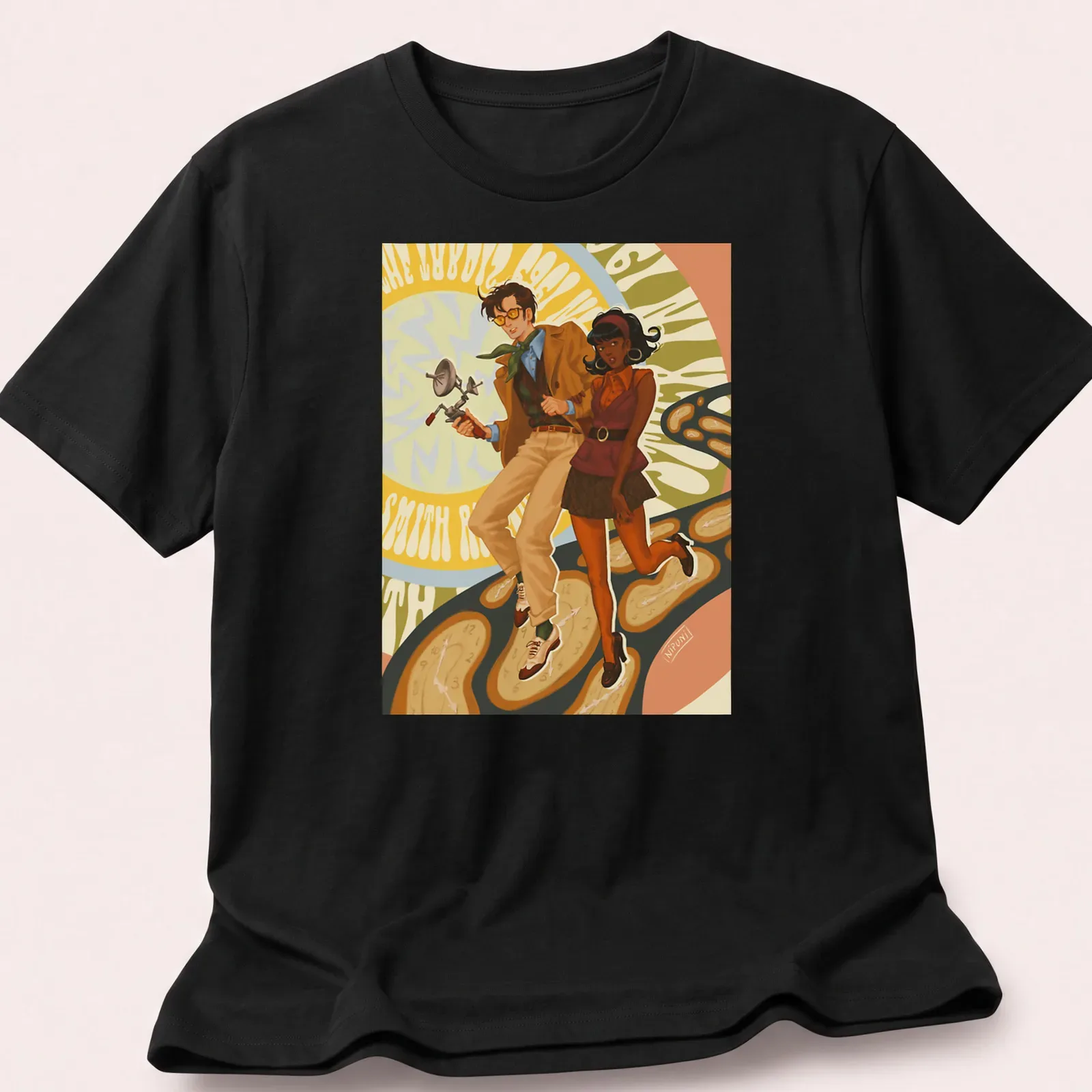 Vintage comic style t-shirt featuring time travelers with the text 'Stranded In' — printed on a unisex t-shirt
