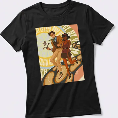 Vintage comic style t-shirt featuring time travelers with the text 'Stranded In' — printed on a women's shirt