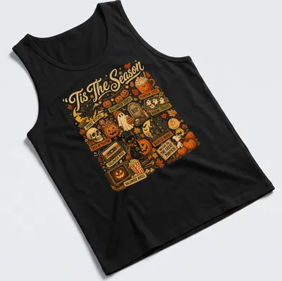 Retro Halloween tee featuring spooky witches and festive autumn symbols — printed on a tank top