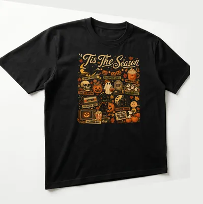 Retro Halloween tee featuring spooky witches and festive autumn symbols — printed on a unisex t-shirt (angled view)