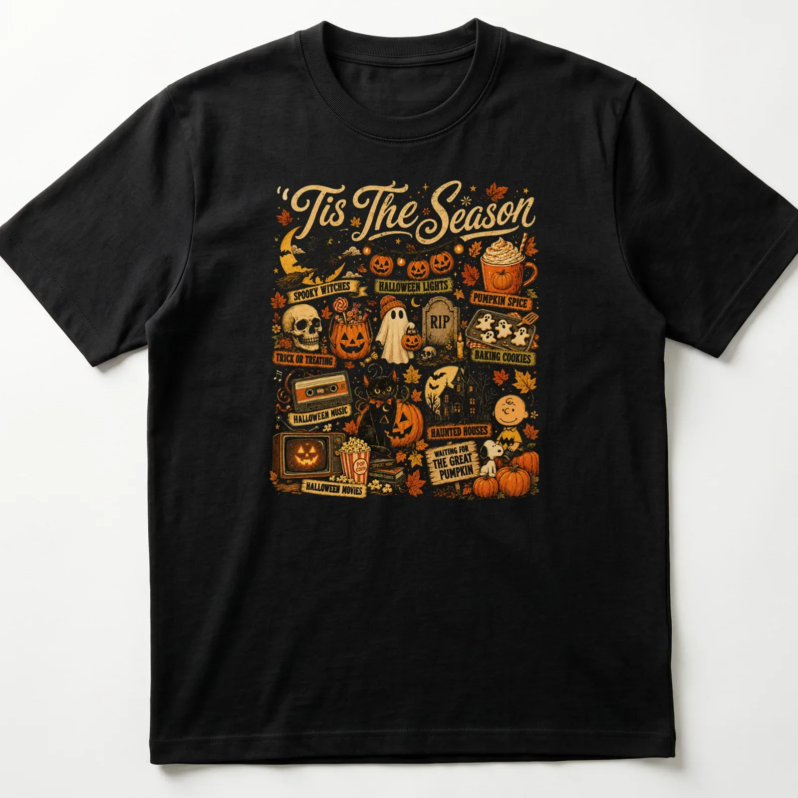 Retro Halloween tee featuring spooky witches and festive autumn symbols — printed on a unisex t-shirt