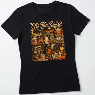 Retro Halloween tee featuring spooky witches and festive autumn symbols — printed on a women's shirt