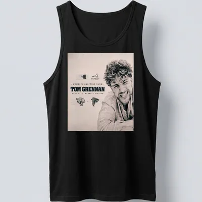 Vintage Tom Grennan Halftime Show shirt featuring concert details in black and white — printed on a tank top