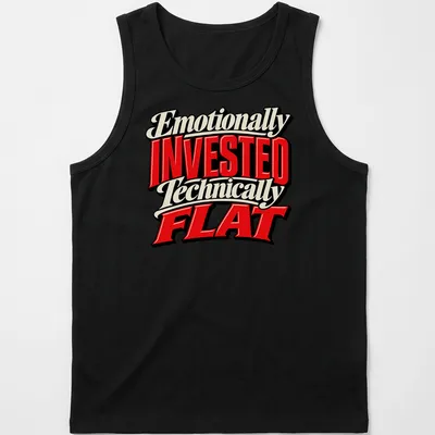 Bold retro text saying 'Emotionally Invested Technically Flat' on a red, black, and white — printed on a tank top