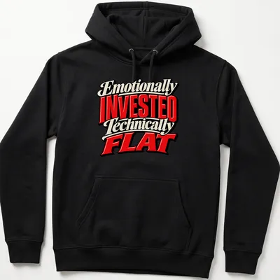 Bold retro text saying 'Emotionally Invested Technically Flat' on a red, black, and white — printed on a unisex hoodie