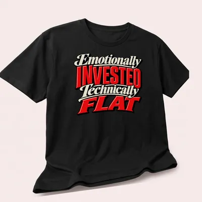 Bold retro text saying 'Emotionally Invested Technically Flat' on a red, black, and white — printed on a unisex t-shirt (angled view)