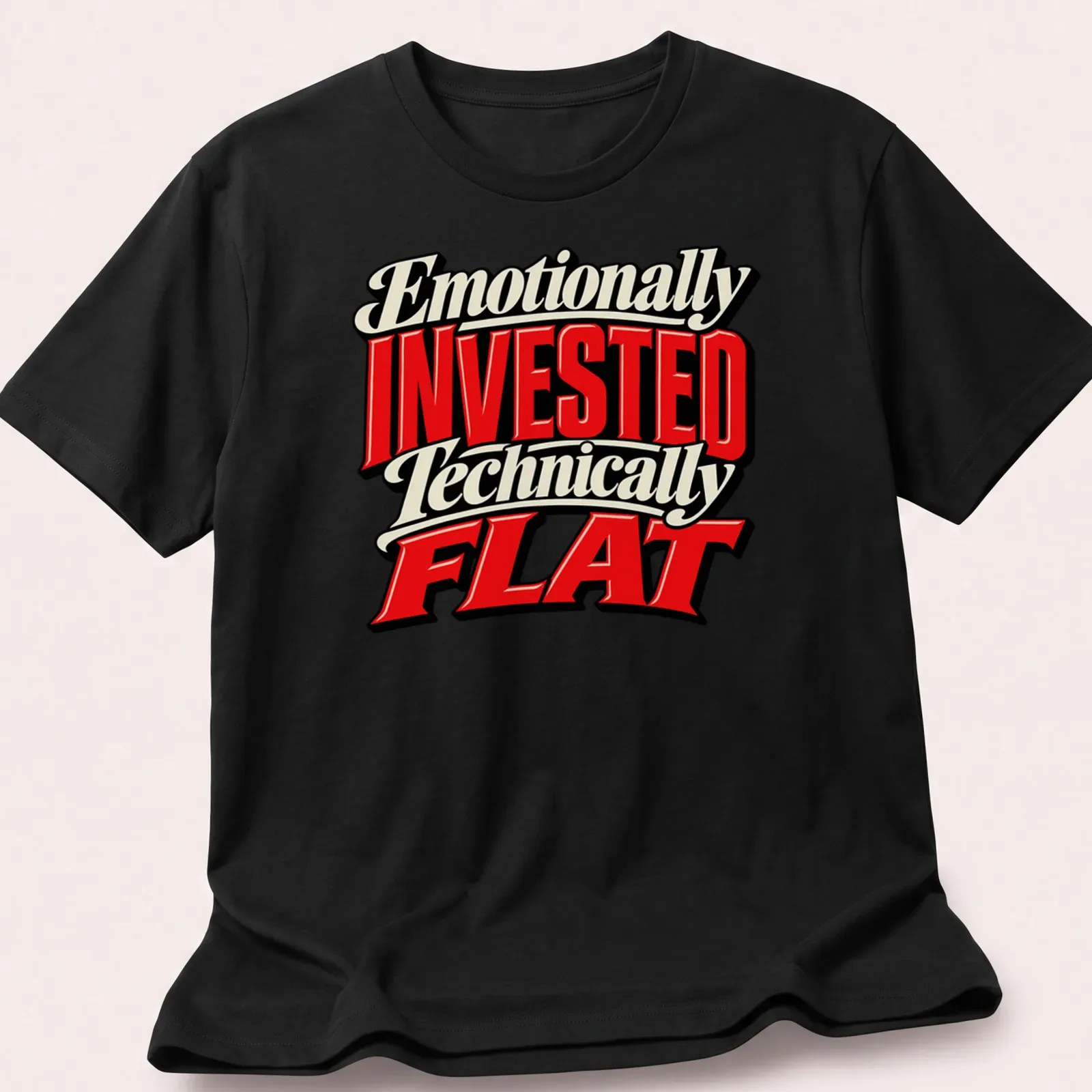 Bold retro text saying 'Emotionally Invested Technically Flat' on a red, black, and white — printed on a unisex t-shirt