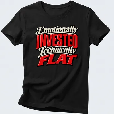 Bold retro text saying 'Emotionally Invested Technically Flat' on a red, black, and white — printed on a women's shirt