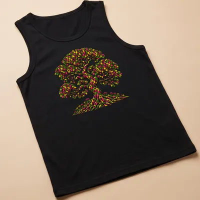 Colorful patchwork Tree of Life graphic on boho — printed on a tank top