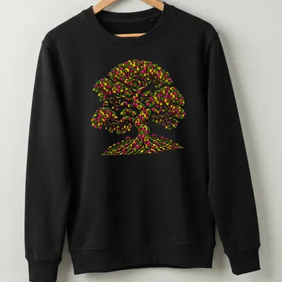 Colorful patchwork Tree of Life graphic on boho — printed on a unisex sweatshirt