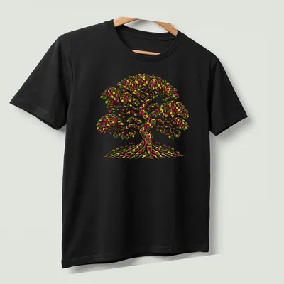 Colorful patchwork Tree of Life graphic on boho — printed on a unisex t-shirt (angled view)