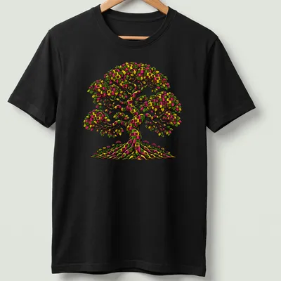 Colorful patchwork Tree of Life graphic on boho t-shirt