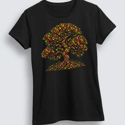 Colorful patchwork Tree of Life graphic on boho — printed on a women's shirt