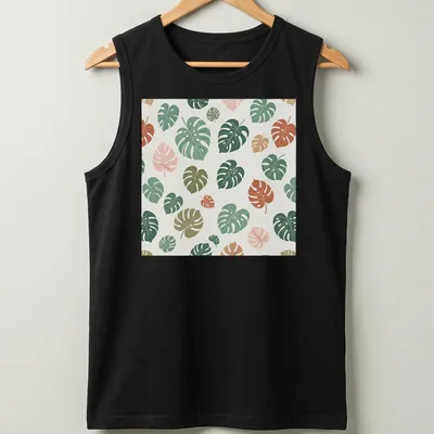 Botanical pattern T-shirt featuring tropical Monstera leaves in various colors — printed on a tank top