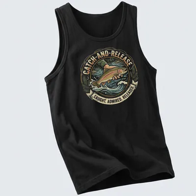Vintage circular design with trout illustration and catch-and-release text — printed on a tank top