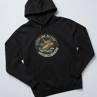 Vintage circular design with trout illustration and catch-and-release text — printed on a unisex hoodie