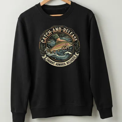 Vintage circular design with trout illustration and catch-and-release text — printed on a unisex sweatshirt