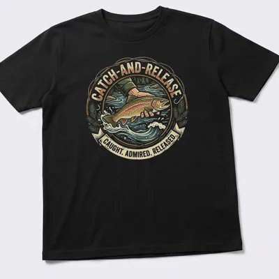 Vintage circular design with trout illustration and catch-and-release text