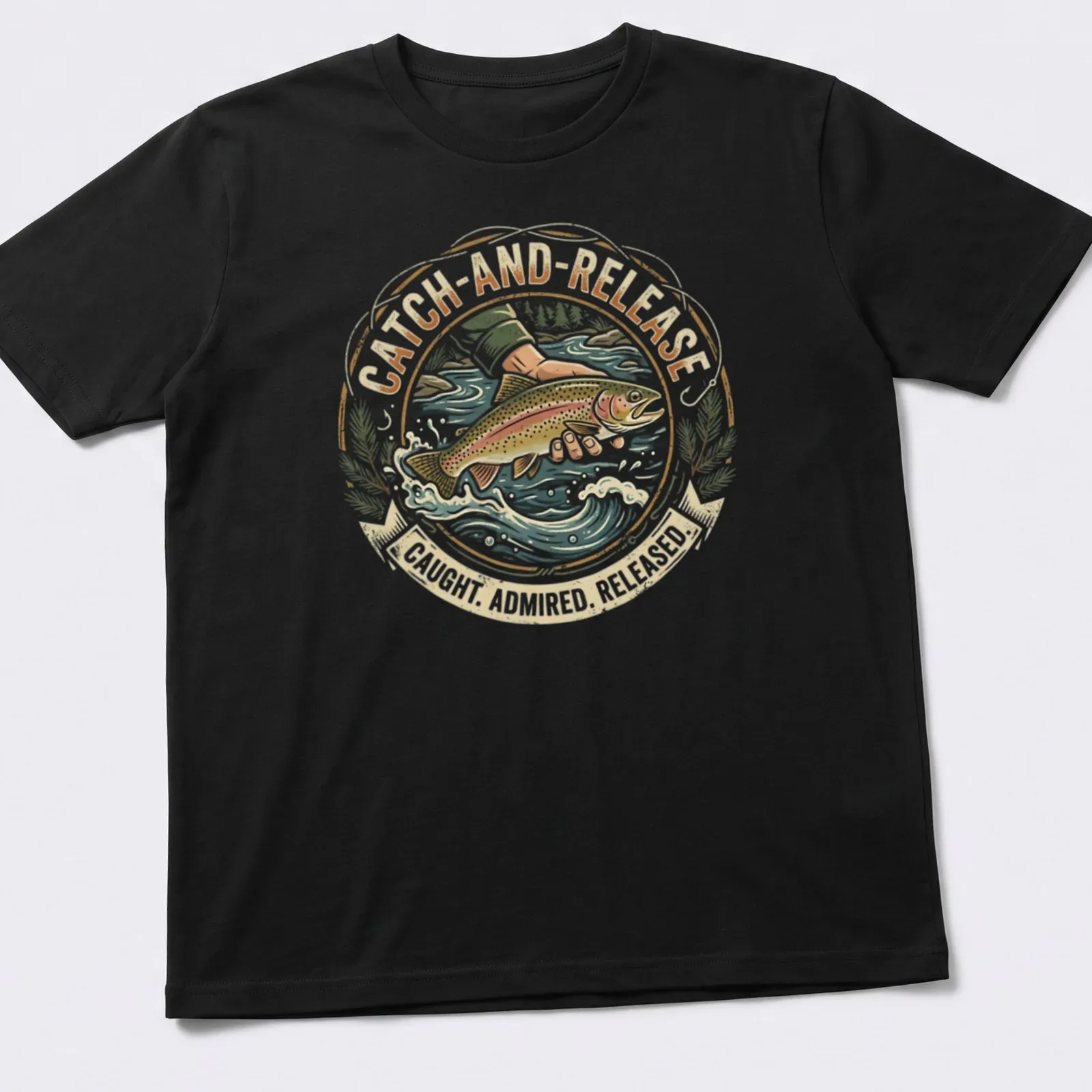 Vintage circular design with trout illustration and catch-and-release text — printed on a unisex t-shirt