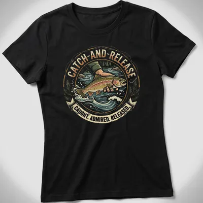 Vintage circular design with trout illustration and catch-and-release text — printed on a women's shirt