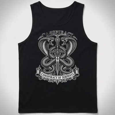 Occult engraving of twin cobras and sword with text 'Conspiracy of Serpents' — printed on a tank top