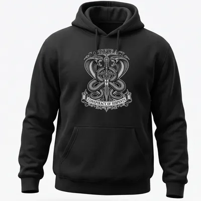 Occult engraving of twin cobras and sword with text 'Conspiracy of Serpents' — printed on a unisex hoodie