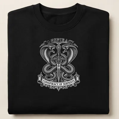 Occult engraving of twin cobras and sword with text 'Conspiracy of Serpents' — printed on a unisex sweatshirt