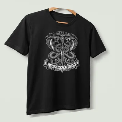 Occult engraving of twin cobras and sword with text 'Conspiracy of Serpents' — printed on a unisex t-shirt (angled view)