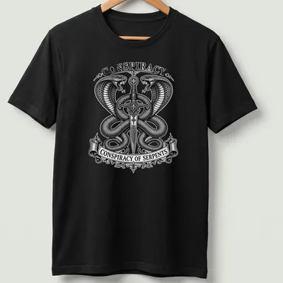Occult engraving of twin cobras and sword with text 'Conspiracy of Serpents'