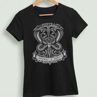 Occult engraving of twin cobras and sword with text 'Conspiracy of Serpents' — printed on a women's shirt