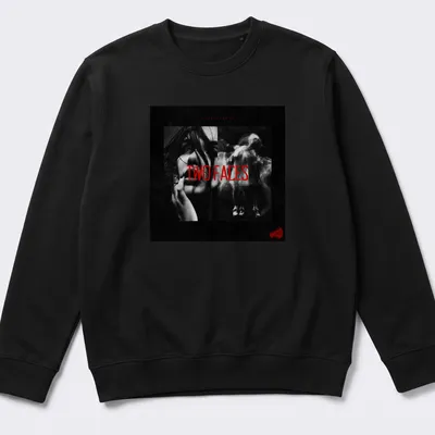 Dark aesthetic T-shirt featuring dual faces in black, red, and white. — printed on a unisex sweatshirt