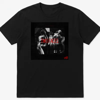 Dark aesthetic T-shirt featuring dual faces in black, red, and white.