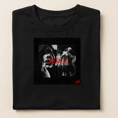 Dark aesthetic T-shirt featuring dual faces in black, red, and white. — printed on a women's shirt