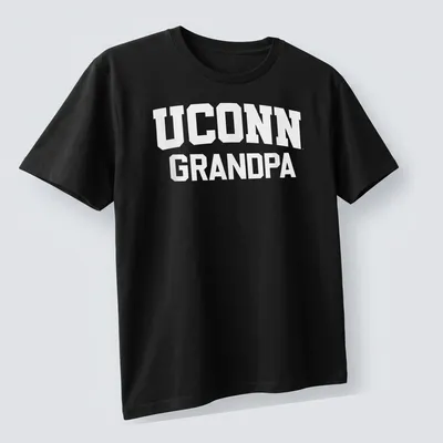 Bold collegiate UConn Grandpa t-shirt with white lettering — printed on a unisex t-shirt (angled view)