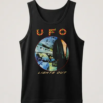 Watercolor print of a UFO with the text U F O LIGHTS OUT in colorful hues — printed on a tank top