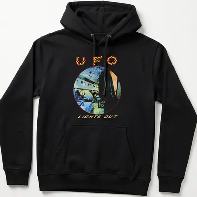 Watercolor print of a UFO with the text U F O LIGHTS OUT in colorful hues — printed on a unisex hoodie
