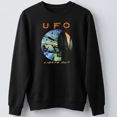 Watercolor print of a UFO with the text U F O LIGHTS OUT in colorful hues — printed on a unisex sweatshirt