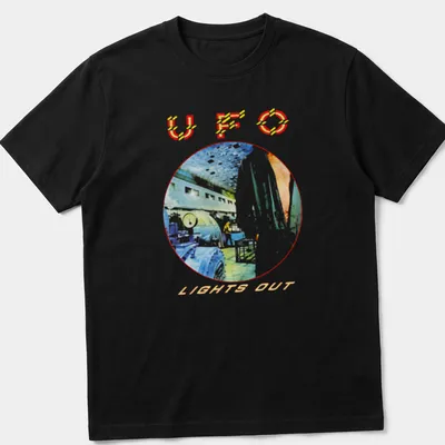 Watercolor print of a UFO with the text U F O LIGHTS OUT in colorful hues