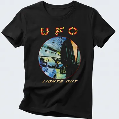 Watercolor print of a UFO with the text U F O LIGHTS OUT in colorful hues — printed on a women's shirt