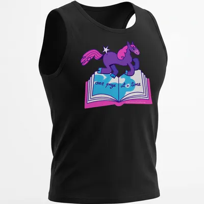 Colorful cartoon unicorn with text 'one page at a time' in purple, pink, and blue — printed on a tank top
