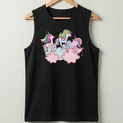 Kawaii unicorns with colorful manes among fluffy clouds in bright colors — printed on a tank top