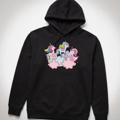 Kawaii unicorns with colorful manes among fluffy clouds in bright colors — printed on a unisex hoodie