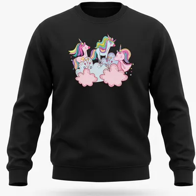 Kawaii unicorns with colorful manes among fluffy clouds in bright colors — printed on a unisex sweatshirt