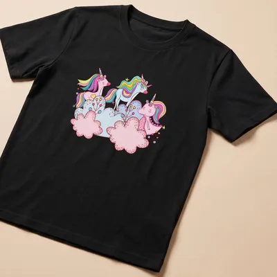 Kawaii unicorns with colorful manes among fluffy clouds in bright colors